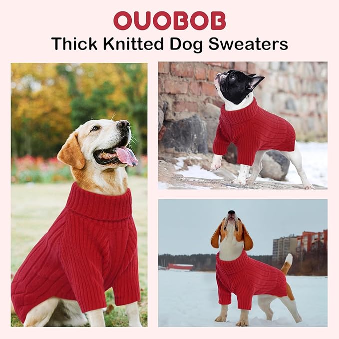 Dog Sweater for Medium Dogs, Warm Winter Fall Turtleneck Knitwear, Christmas Pet Sweatshirt Clothes for Girls Boys, French Bulldog, Beagle (Red M)
