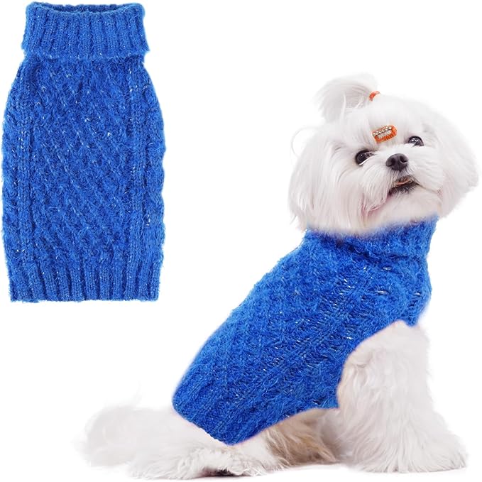 Turtleneck Small Dog Sweaters - Classic Cable Knitwear Winter Coat for Small Medium Dogs Male Female Puppy Dog Cold Weather Clothes Girls Boys, Blue, S