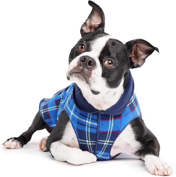 Goldpaw Duluth Double Fleece Dog Sweater Vest for Medium Dogs - Soft, Stretchy Dog Fleece - Warm Pet Jacket for Fall and Winter - Premium Pet Outerwear - Machine Washable - Blue Plaid/Navy - Size 20
