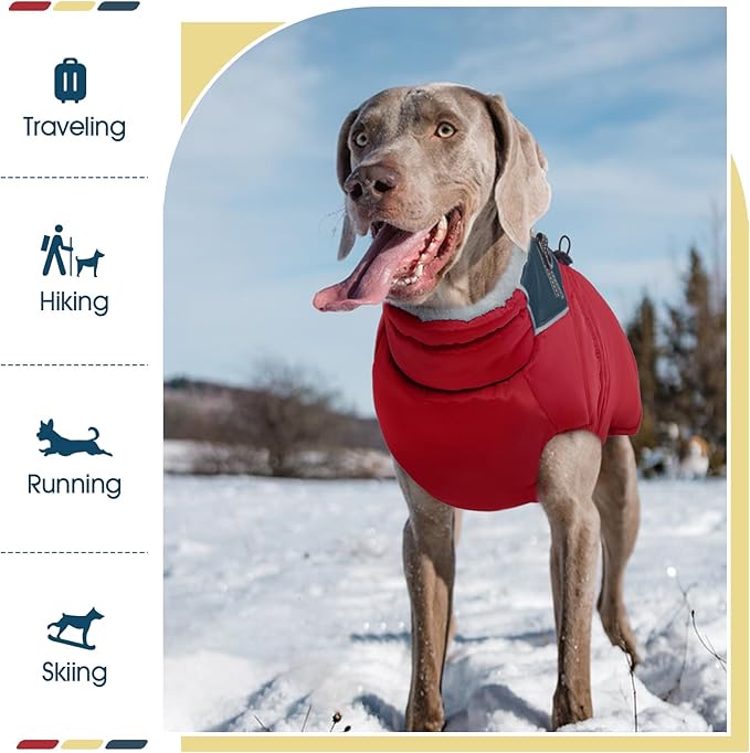 ROZKITCH Dog Jacket for Cold Weather, Dog Coat for Autumn Winter with Turtleneck, Pet Clothes with Adjustable Buckles, Soft Warm Pet Clothing with Reflective Strip for Medium Large Dogs Red M