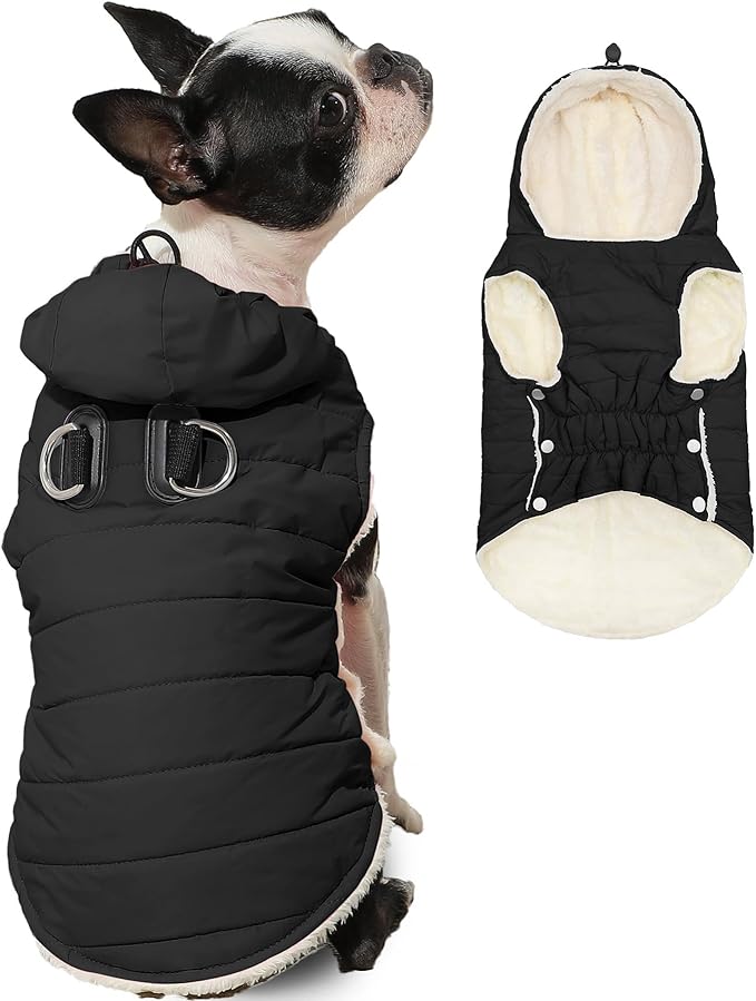 Fleece Lining Dog Hoodie with Harness Built in,Extra Warm Small Dog Jacket in Winter Puppy Coats with Drawstring Hooded,Black S