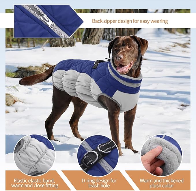 Dog Jackets for Large Dogs, Large Dog Winter Coat, Pet Cold Weather Coats, XXXL Pet Jacket with D-Ring, Waterproof Coat with Back Zipper, Snowsuit Labrador German Shepherd Doberman,Blue,XXXL