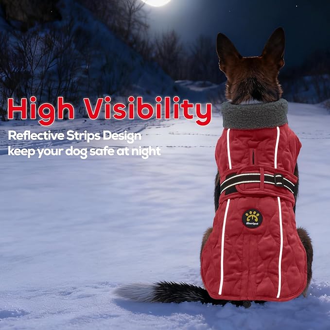 Dog Winter Coat, Adjustable Quilted Dog Snow Jacket with Fleece Lining, Water Resistant Pet Apparel for Cold Weather, Warm Large Doggie Coat with Leash Hole and Reflective Strip, NewRed L