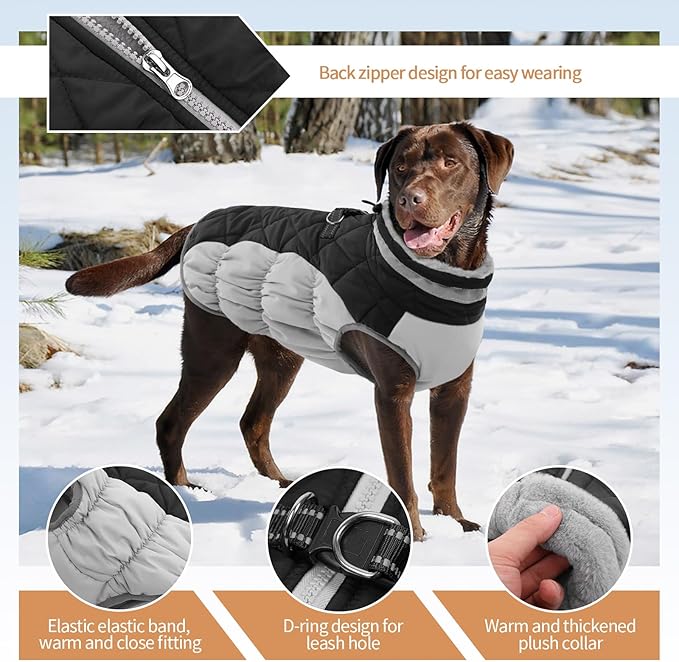 Dog Coats for Large Dogs,XL Dog Coat,Warm Fleece Winter Coat with D-Ring,Back Zipper Pet Jacket for Large Dogs,Waterproof Pet Snow Jacket Clothes Snowsuit Beagle Corgi Border Collie,Black,XL