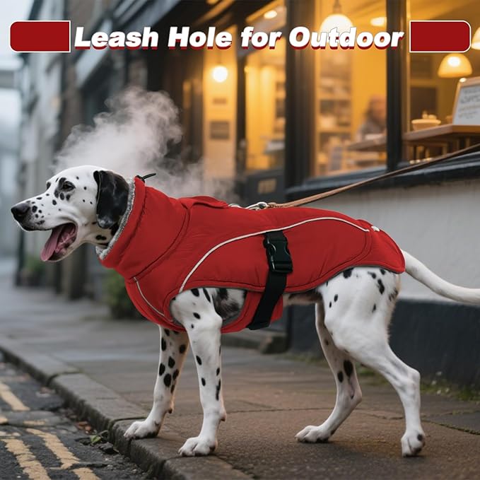 DENTRUN Winter Warm Dog Coat Reflective Jacket with Turtleneck for Cold Weather, Adjustable Buckle Windproof Water Repellent, Thick Snowsuit Fleece Vest for Small, Medium, Large Dogs, Red, XXL