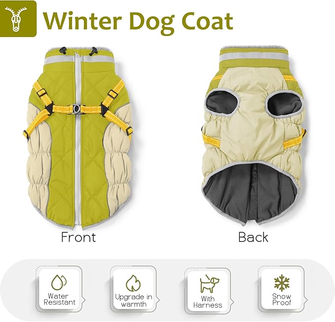 Dog Winter Coat with Harness, Dog Jacket, Pet Clothes with Zipper on Back, Waterproof Windproof Warm Vest, Reflective Cold Weather Coats, for Small Medium Large Dogs, Thick, Green, S