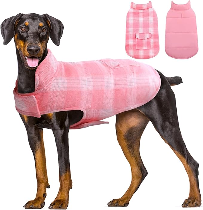 Kuoser Reversible Dog Jacket, Warm Winter Coat for Large Dogs, Warm Windproof Pet Cold Weather Clothes, Pink XXL