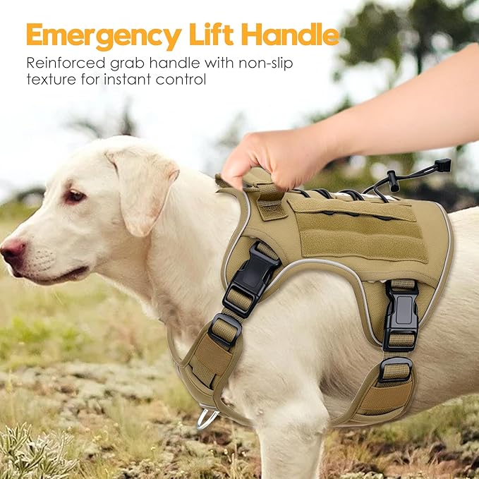 Heavy-Duty Tactical Dog Harness for Large Dogs, No Pull Adjustable Reflective Pet Vest with Molle System, K9 Military-Grade Control for Service Training, Outdoor & 10+ Breeds, Khaki, X-Large