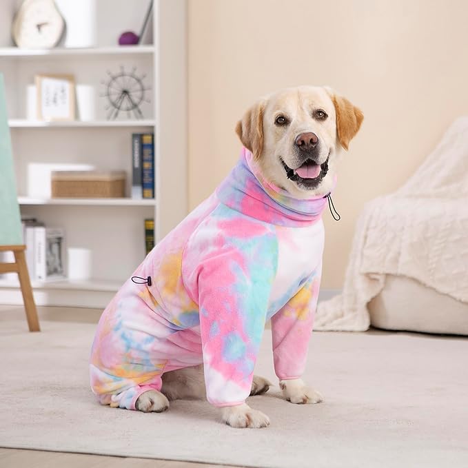 Dog Winter Coat for Large Medium Small Dogs, Warm Fleece High Collar Full Body Dog Jumpsuit Comfortable Onesie Apparel (Pink Blue, 2X-Large)