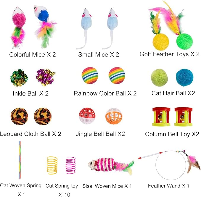 32Pcs Cat Toys Kitten Interactive Pet Toys Assortments, Foldable Rainbow Tunnel, Teaser Wand Fluffy Mouse Crinkle Balls Bell Play for Puppy Kitty (3 way)