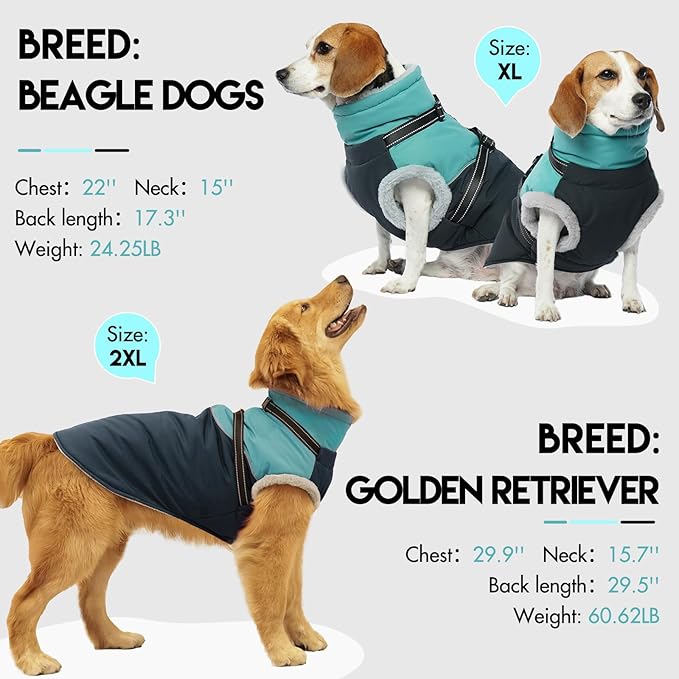 Dog Coat with Harness Built, Dog Winter Jacket with Zipper Closure, Warm Pet Fleece Puffer Coat with Reflective Strips & Furry Collar, Waterproof Snowsuit for Medium Large Dogs - Green XXL