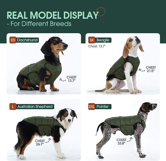 Kuoser Dog Puffer Jacket Warm Dog Coat for Medium Large Dogs, Windproof Reflective Pet Padded Vest Cold Weather Clothes Puppy Snowsuit with Hook & Loop Coats, Easy On/Off, Green L