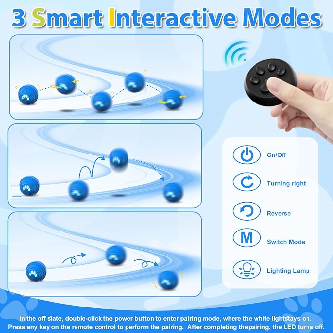 Interactive Dog Toys - Auto Bouncing & Rolling, Chew-Resistant E-TPU Material, 3 Interactive Modes, IPX7 Waterproof, Remote Control, USB Rechargeable, Puppy Toy，Small and Medium-Sized Dogs