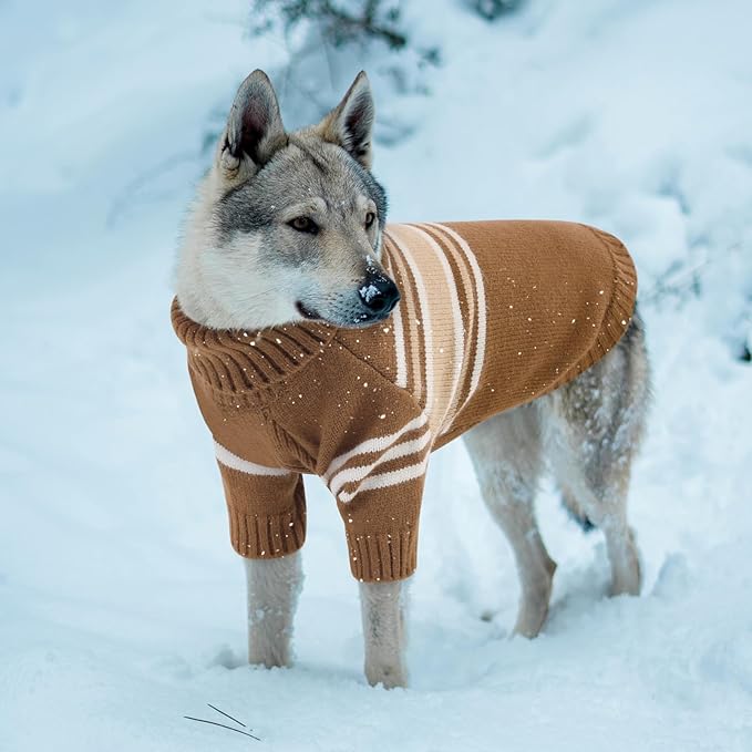 Queenmore Dog Striped Knitted Sweater, Turtleneck Pullover Pet Coat, Dog Winter Clothes with Leash Hole for Small Medium &Large Dogs(Brown,XL)