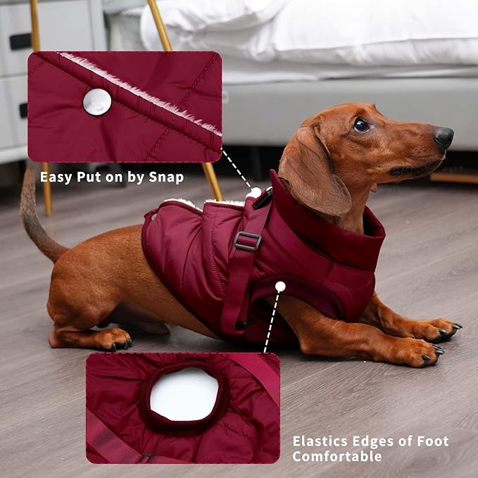 Dog Jacket with Harness,Fleece Lined Warm Puppy Coat for Winter,Soft Windproof Small Dog Vest,Red XS