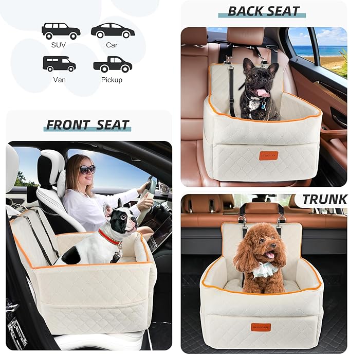 Dog Car Seat for Small Medium Dogs, Memory Foam Dog Booster Seats with Thick Cushion for Dogs Under 35lbs, Detachable Washable Pet Car Seat Travel Bed with Storage Pockets,2 Safety Belt