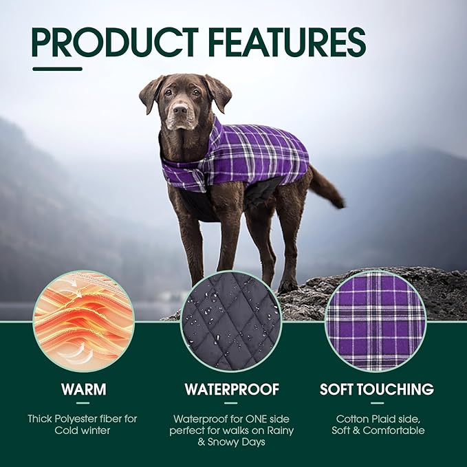 Kuoser Warm Dog Coat, Waterproof Dog Jacket for Extra Large Dogs, Adjustable Durable XXXL Doggie Winter Coat Reversible Puppy Cold Weather Apparel for Large Breed, Purple 3XL