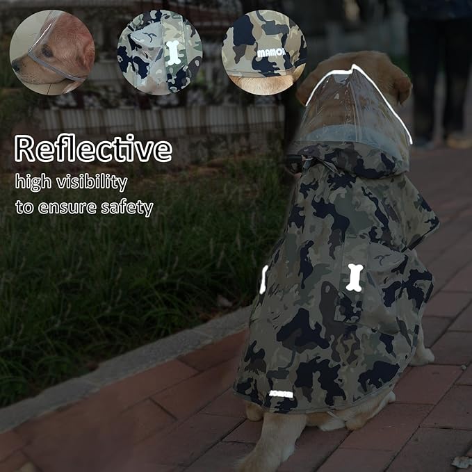 Waterproof Dog Raincoat, Adjustable Reflective Lightweight Pet Rain Clothes with Poncho Hood(Large,Camo)