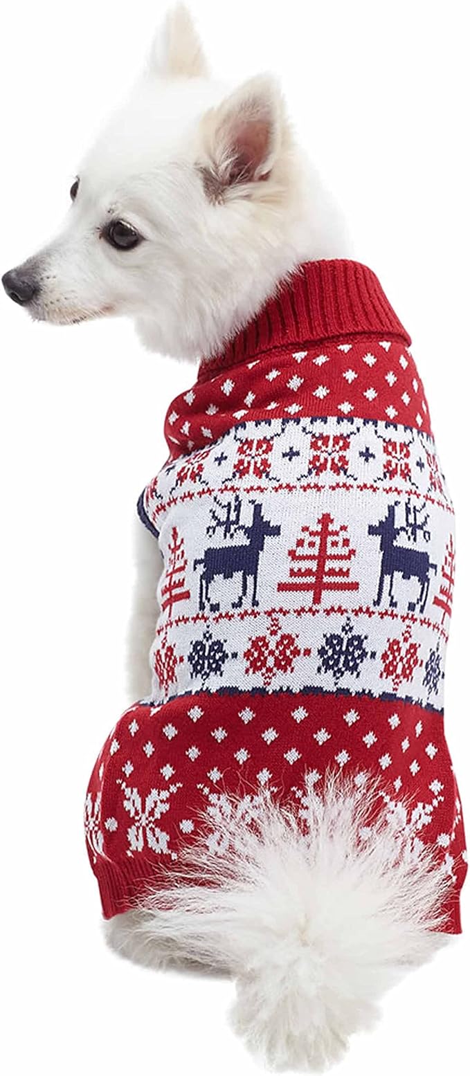 Blueberry Pet Ugly Christmas Reindeer Dog Sweater Turtleneck Holiday Family Matching Clothes for Dog, Tango Red & Navy Blue, Back Length 8", Warm Winter Outfit for Small Dogs