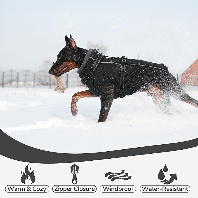 PUMYPOREITY Snow Jacket for Large Dogs Waterproof, Warm Dog Winter Coat with Harness Built in, Fleece Jacket with Back Zipper, Cold Weather Coats for Outdoor, Windproof Pet Snowsuit, Black, 2XL