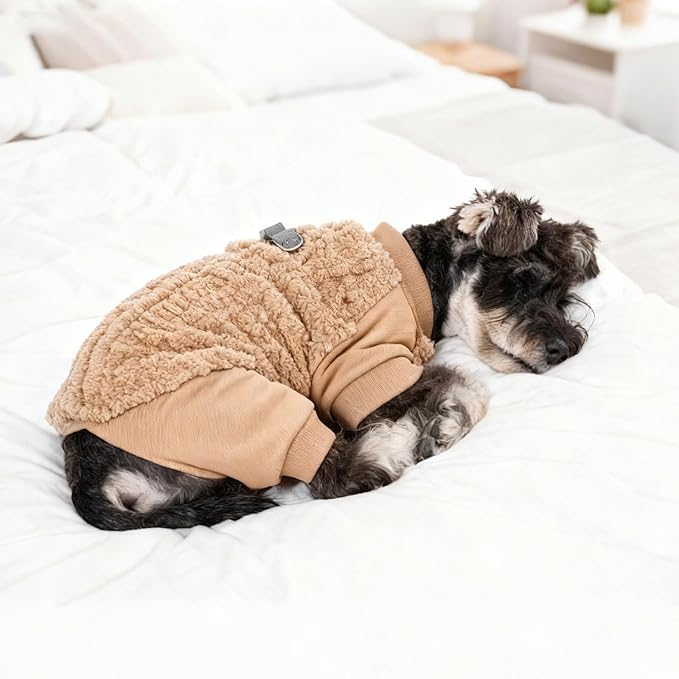 KOOLTAIL Small Dog Pajamas - Fleece Dog Sweater with Leash D-Ring, Warm Winter Cold Weather Coats for Puppy Cats Small Medium Dogs, Super Soft Stretchable Pet Jumpsuit Clothes for Boys Girls, Beige M