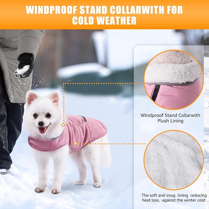 iBuddy Dog Winter Coat for Small Dogs, Easy on Dog Fleece Snow Coat Velcro Waterproof Pet Puffer Clothes with Harness Hole Adjustable Reflective Quilted Pet Cold Weather Vest Wind-poof for Girl Female