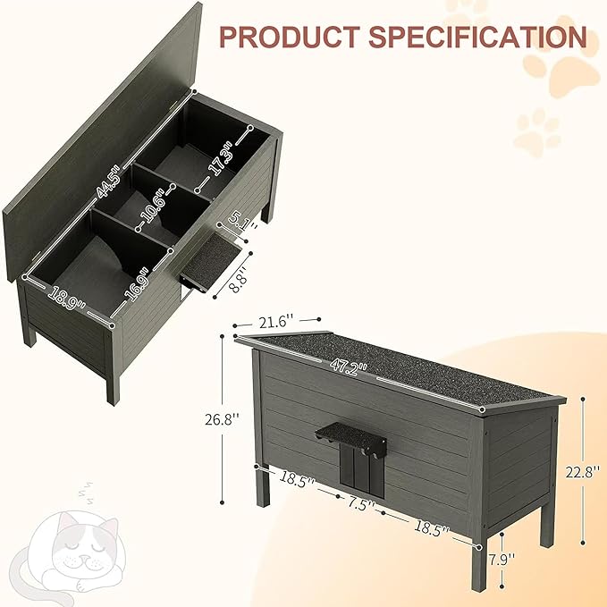 Herture Outdoor Cat House Weatherproof,47.24" Large Insulated Cat House Outdoor with All-Round Foam,Outdoor Cat Shelter for Winter,Feral Cat Shelter for Multiple Cats,Wooden Stray Cat Condo PG01DHZ