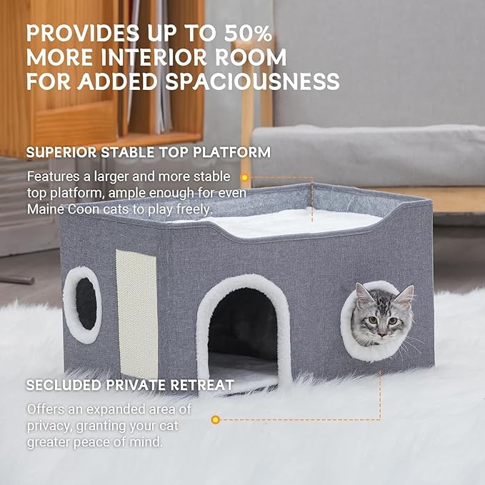 Gosipeya Cat House for Indoor Cats – Foldable Cat Cave & Covered Cat Bed, Cozy Hideaway for Small Pets and Large Cats (23.6"x16"x12.8"),Grey