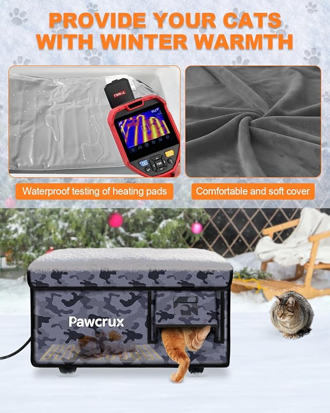 Weatherproof Heated Cat House for Outdoor in Winter, Heated Cat Bed Kitty Shelter with Cat Heating Pad, Insulated & Safe Escape Door, Warm Home for Outside Stray Cat