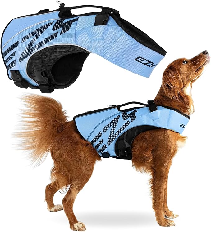 EzyDog DFD X2 Dog Life Jacket - Adjustable Swimming Safety Life Vest Preserver with Continuous Neck Flotation, Reflective Trim, & Grab Handle (Medium, Blue)