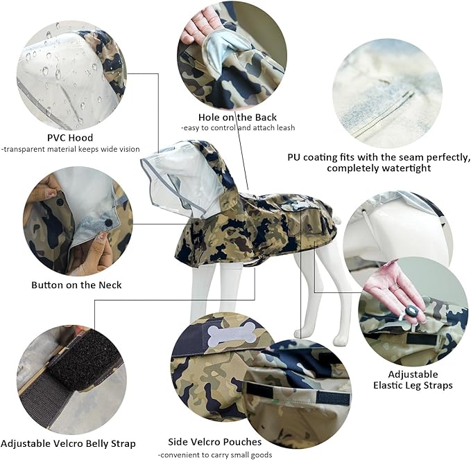 Waterproof Dog Raincoat, Adjustable Reflective Lightweight Pet Rain Clothes with Poncho Hood(Large,Camo)