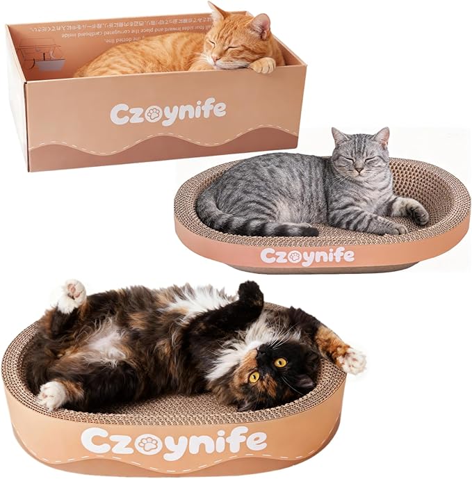 Czoynife 3PCS Cat Scratcher Cardboard, Oval Cat Scratch Pad Bowl Nest for Indoor Cats, Round Cat Scratching Board Corrugated Lounge Cat Bed, Furniture Protector for Couch (Brown, 17 * 11.5 in)