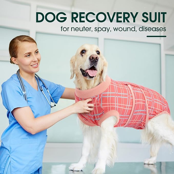 Kuoser Dog Recovery Suit for Female Male Dogs, Post-Surgery Bodysuit for Spay Neuter, Dog Onesie After Surgery, Anti-Licking Pet Surgical Recovery Suit, Pink S