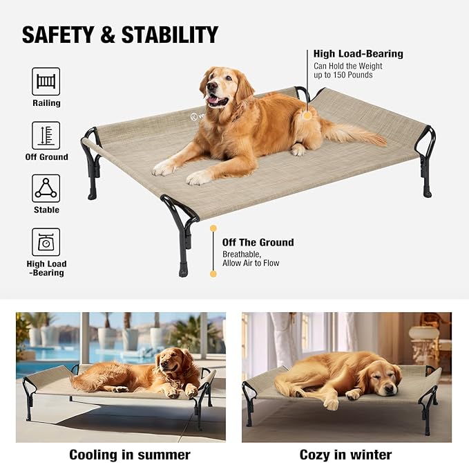 Veehoo Cooling Elevated Dog Bed, Raised Pet Cot with Guardrail & Slope Headrest, Durable Breathable Teslin Mesh, Non-Slip Feet, Washable Dog Couch Bed for Indoor & Outdoor, 47" x 32", Beige Coffee