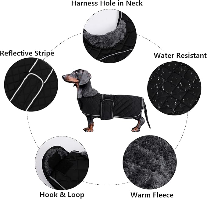 Dachshund Coat Dog Coats for Dachshunds Dachshund Winter Jacket with Padded Fleece Outdoor Dog Clothes with Adjustable Bands - Black - L