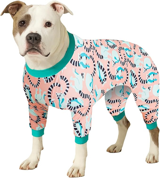 LovinPet Pitbull Dog Pjs for Large Dogs, Pet Anxiety Relief Pajamas, Sun Protection Dog Shirt Comfy Stretchy Fabric, Pastel Lemur Print, Pajamas for Pitbulls, Pitbull Party Clothes, Medium