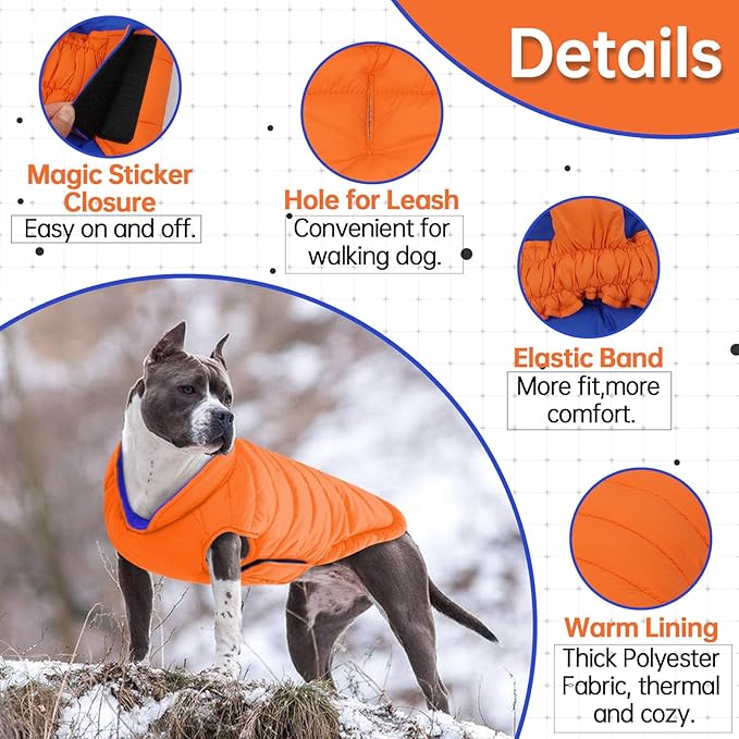 Lelepet Reversible Dog Coat Waterproof Dog Jacket Windproof Puffer Vest for Winter Warm Lightweight Coats for Small Dogs Adjustbale Hook & Loop Pet Apparel with Leash Hole, Pug, Orange, M