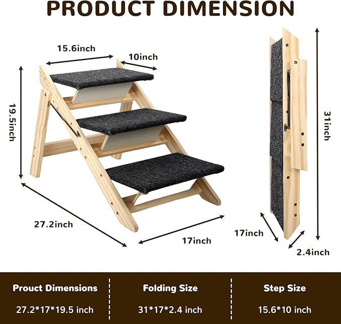 Foldable Dog Stair 2-in-1 with 3 Steps, New Zealand Pine Frame and Non-Slip Carpet Suitable for High Beds, Car,Couch, Durable Wooden Pet Stairs for Small Medium and Large Dogs, No Assembly Required