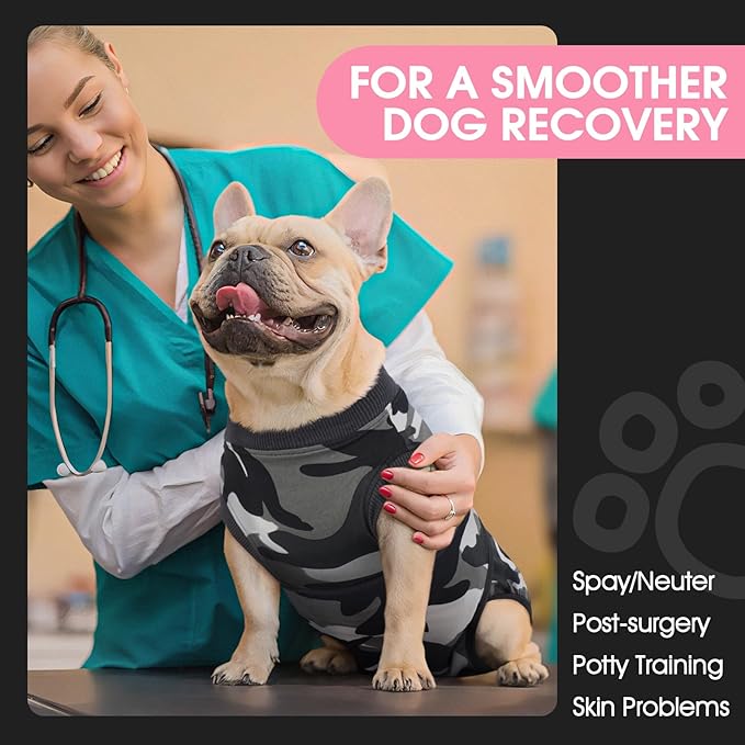 FUAMEY Dog Recovery Suit Male,Dogs Surgery Neuter Suits Puppy Spay Shirts for Female Protect Dog's Skin Anti Licking Abdominal Wounds Doggie Onesie Pet Bodysuit Alternative to Cone Grey Camouflage XXL