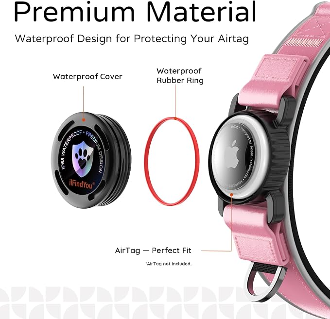 Leather AirTag Dog Collar, Magnetic Buckle, Reflective, Pink M