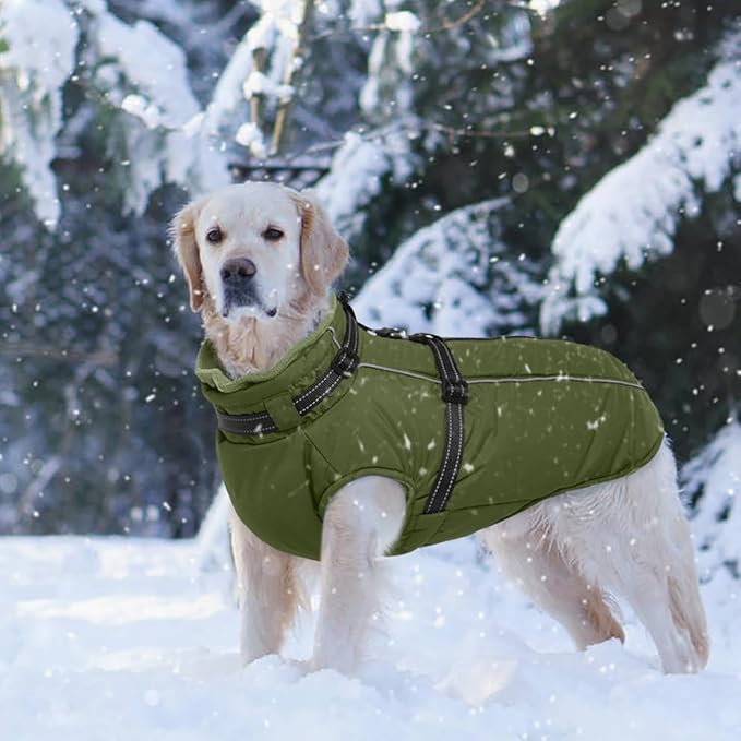 Lelepet Dog Coat for Large Dogs Waterproof Dog Jacket with Harness Built in Reflective Fleece Jacket with Zip Warm Winter Coats for Dogs Thermal Pet Snowsuit for Outdoor, Border Collie, Army Green, XL
