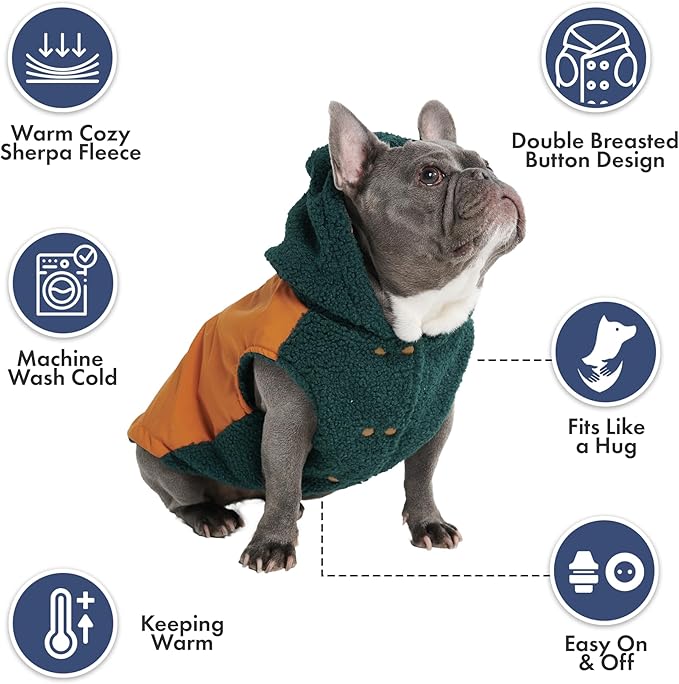 Spark Paws Reversible Fleece Dog Jacket, Hooded Sweater Vest, Warm Coat for Winter - Suitable for Small Medium Large XL XXL Dogs - Orange and Green - 2XL