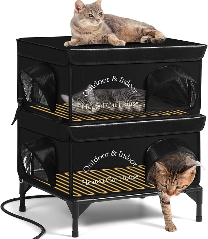 Yeatruojeet 2 Story Heated Cat House for Outside, 100% Waterproof, Safe Escape Door, Elevated Base, Weatherproof Insulated Shelter for Stray Feral Barn Cat