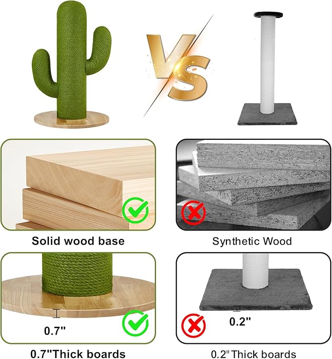 TownTime Cat Scratching Post with Solid Wood Base,27.55" Hx17.71 Lx17.71 W Tall Scratching Posts for Indoor Cats Adults,Cactus Thick Columns,Durable Lambswool and Jute,Large Scratcher Post (Small)