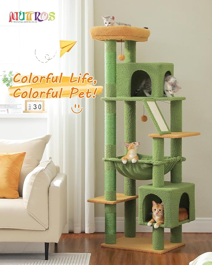 MUTTROS Cactus Tall Cat Tree 71" for Large Cat 20 lbs with Super Large Hammock, Heavy Duty Cat Tower with 4 Sisal Scratching Posts & 2 Spacious Condos for Big Adult Cats Maine Coon-Green