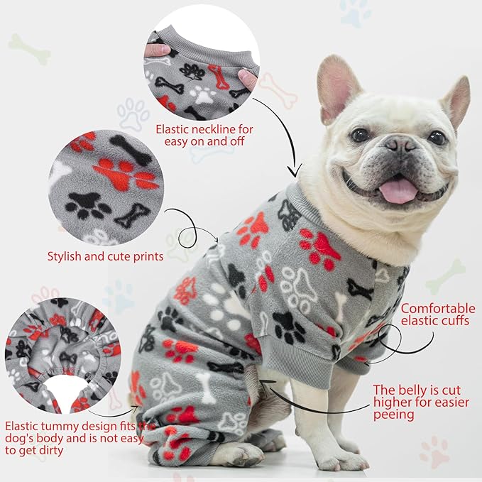 SCENEREAL Fleece Dog Pajamas for Small Medium Large Dogs, Warm Soft Puppy Jumpsuit, Adorable Bones Paw Print Pet Sweaters Clothes, Doggy Pjs Cat Coat for Boy Girl