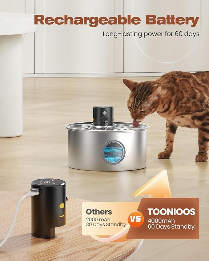 Cat Water Fountain Wireless Cordless: Cat Fountain Battery Operated - Stainless Steel Pet Water Fountain Rechargeable - 108oz/3.2L Automatic Cats Fountains for Drinking with Motion Sensor - Cats & Dog