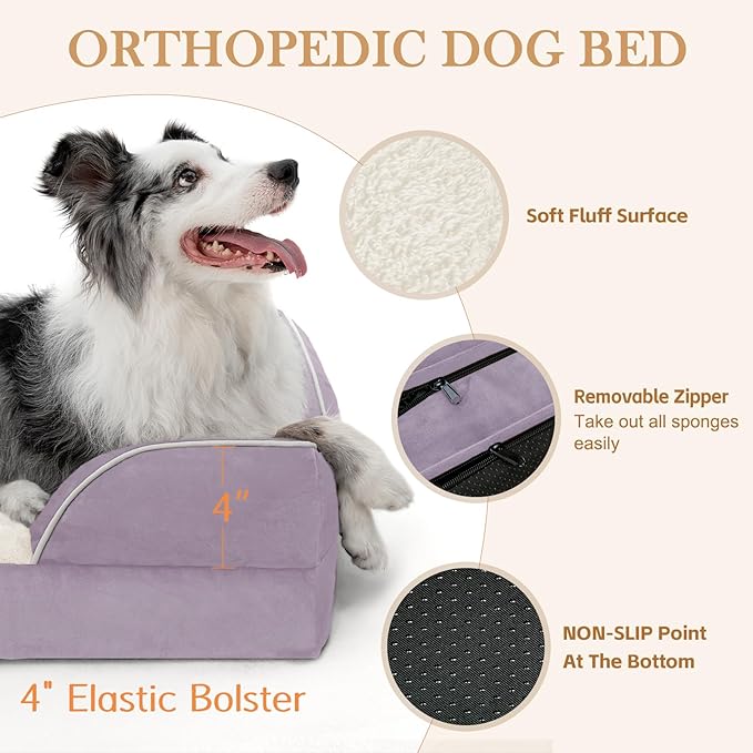 Comfort Expression Orthopedic Dog Bed for Large Dogs 38x25 Inch, Waterproof Supportive Egg Crate Foam Large Pet Bed with Removable Bolsters, Dog Couch with Washable Cover & Non-Slip Bottom, Purple