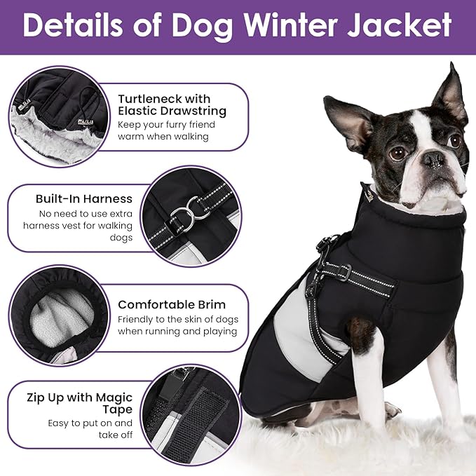 SUNFURA Small Dog Coat with Harness Built in, Warm Dog Jacket Winter with Zipper On Back, Waterproof Pet Snow Jacket Snowsuit Pet Sweater Clothes for Puppy, Black XS