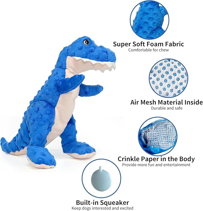 DODODOLA Dog Toys Dinosaur Dog Toy Blue Stuffed Animals Chew Toy Plush Squeaky Dog Birthday Toys for Small Large Big Dogs